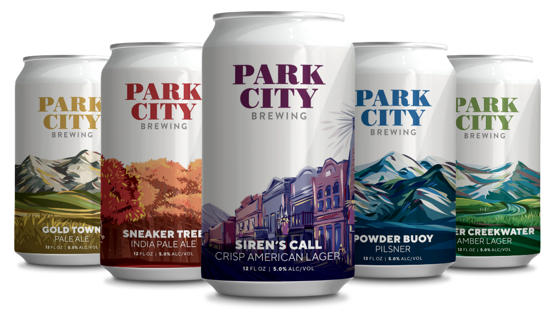 Group of 5 beer cans: Gold Town, Sneaker Tree, Siren's Call, Powder Buoy, and Silver Creekwater